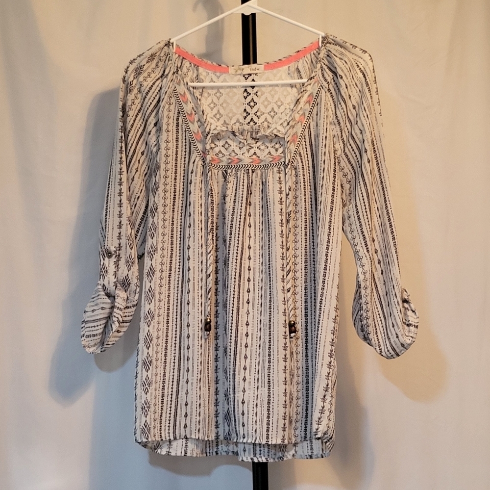 Women's Rewind Striped White and Black Top, Size Small, Lace & Tie Front